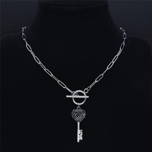 2021 Hip Hop Stainless Steel Crystal Love Heart Key Chokers Necklaces Silver Color Necklace Jewery collier chaine NXS03