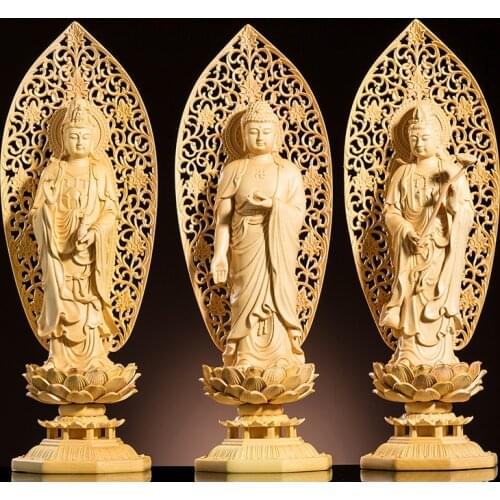 29CM Three Buddhas Statue Wood Carving Solid Home Decoration Carving Craft Feng Shui Buddha Decoration