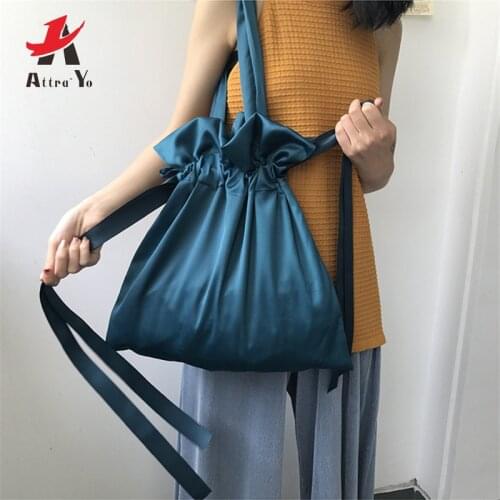 Attra-Yo New Women Shoulder Bag Female Handbag Fashion Wild Girl Cute Summer Drawstring Shoulder Bag Smooth Satin Bag