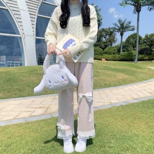 Kawaii Lace Bow Corduroy Pants Women Autumn High Waist Wide Leg Pants Female 2021 New Sweet Pink Baggy Trousers