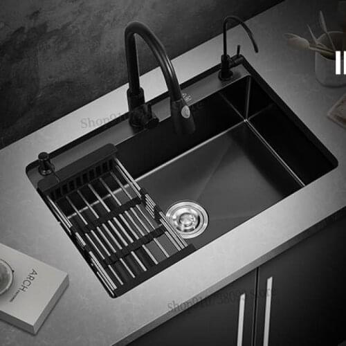 Black Nano Sink Single Tank Household Wash Basin Kitchen Sink 304 Stainless Steel Large Sink