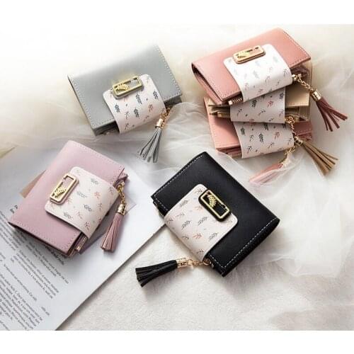 Metal Leaf Decortive Womens Fold Wallet PU Leather Tassels Women Cover Short Wallets Purse Coins ID Card Holder