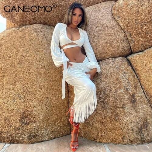 Elegant Long Puff Sleeve Cut out Crop Tops And Midi Wrap Skirt Suits Two Piece Set Casual Beach Sexy Party Club Dress Sets 2021