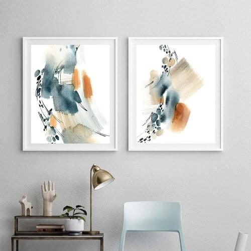 Blue rust watercolor art wall art print poster abstract line living room bedroom interior decoration canvas painting frameless