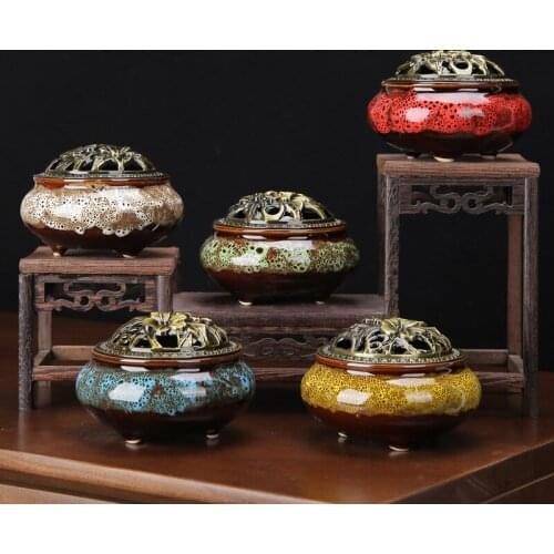 Ceramic Incense Burners Copper Cover Ceramic Stick Burner Antique Sandalwood Incense Holder Home Zen Room Crafts