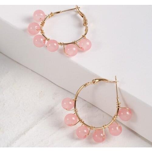 Fashion Simple Female Pink Transparent Stone Beaded Hoop Earrings For Women Gold Color Metal Circle Earring Jewelry Beach Style
