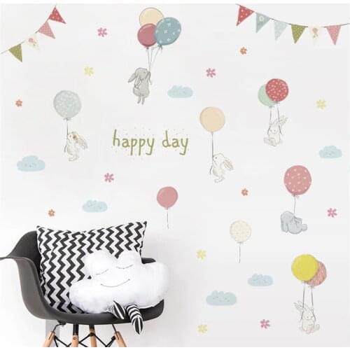 Cartoon rabbit balloon cloud flower wall stickers bedroom nursery home decor animal wall decals pvc mural art diy posters