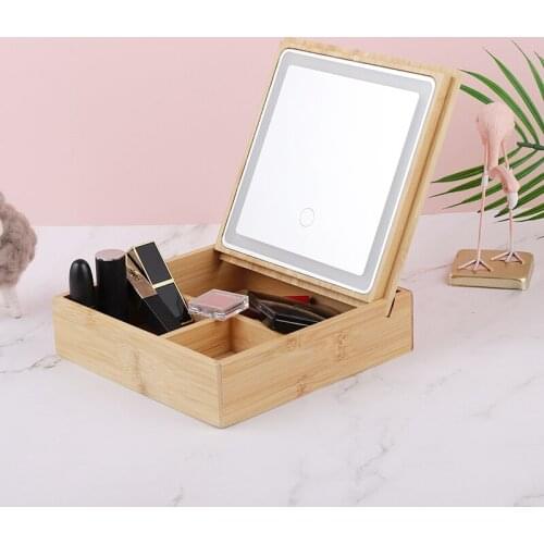 Natural Wooden Cosmetics Organizer With LED Lights Makeup Mirror Portable Makeup Storage Box Case Vintage Lighted Makeup Mirrors