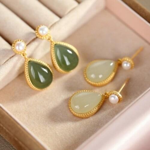 Natural Hotan green chalcedony water drop shaped silver ear pendant Chinese style retro unique craft gold womens Christmas gift