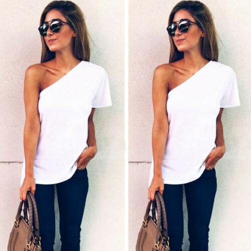 New Arrive Women Beach Off-shoulder White Base T-Shirts One Shoulder Tops Tee Casual Loose Summer Plus Size Summer Hot