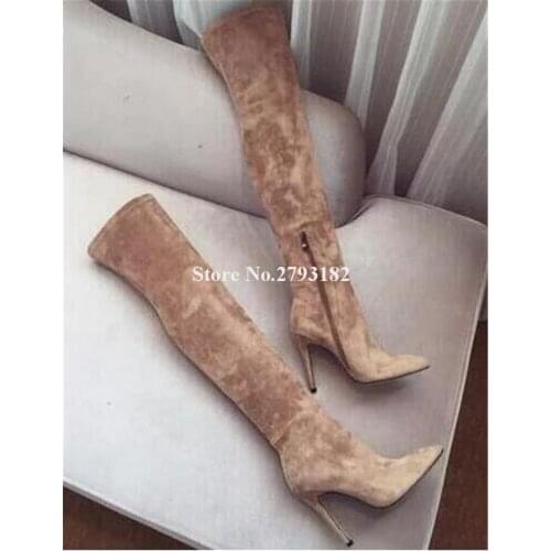Sexy Women Pointed Toe Suede Leather Over Knee Bandage Thin Heel Boots Slim Style Black Grey Long High Heel Boots Club Shoes