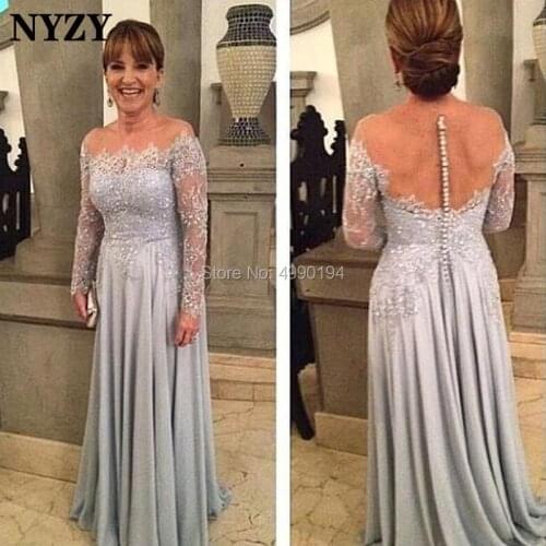 NYZY M143 Summer Chiffon Party Gown Illusion Long Sleeve formal dress women elegant Silver Gray Mother of the Bride Dress 2019