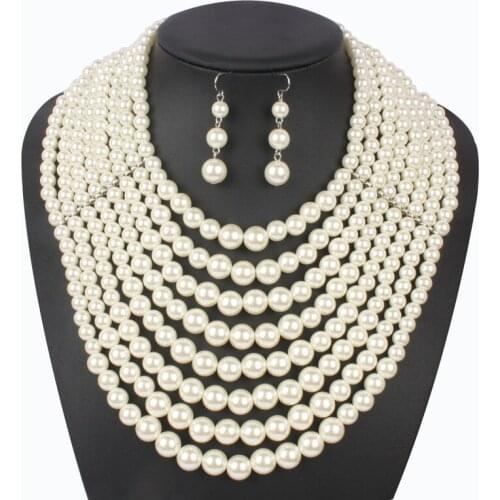 Luxury Pearls Necklace and Earrings Fashion Imitation Pearl Jewelry Set Women Wedding Multi Layer Pearl Jewelry Sets for Brides