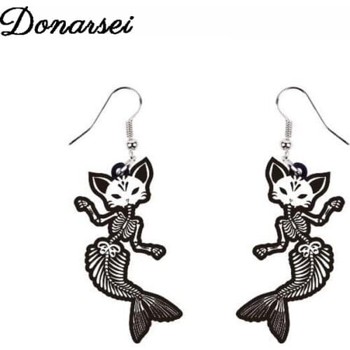 Donarsei Halloween Print Gray Skull Black Cat Fish Tail Bones Drop Earrings For Women Creative Hallowmas Dangle Earrings Party