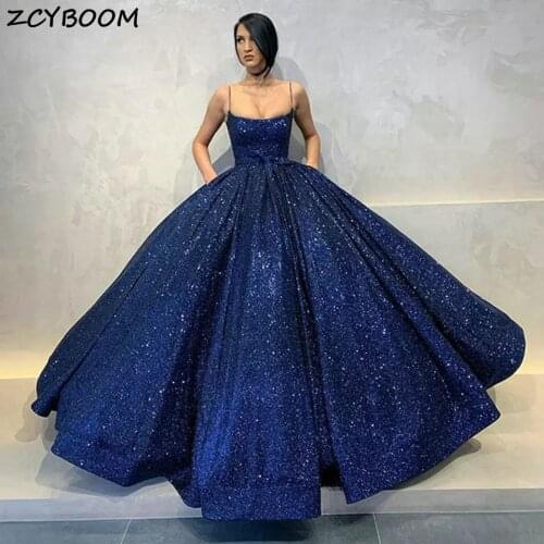 Navy Blue Evening Dresses 2021 Women Formal Party Vestidos De Gala Elegant Shiny Sequins Spaghetti Straps Graduation Prom Gowns