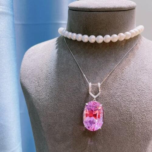 LR713 Fine Jewelry Real Pure 18K White Gold Jewelry 100% Natural Kunzite 35ct Gemstone Diamonds Pendant Neckalces for Women