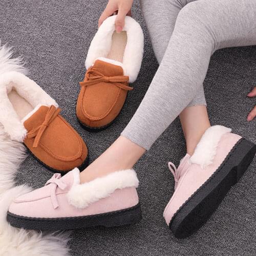 Women Winter Bow Tie Plush Warm Slippers Inside Ladies Indoor Slippers Ladies Slip On Casual Loafers Shoes Zapatillas De Mujer