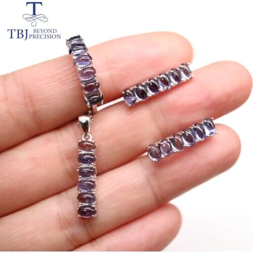 Natural blue iolite jewelry set oval 3*5mm 6ct real gemstone earring ring pendant 925 sterling silver for women daily wear tbj