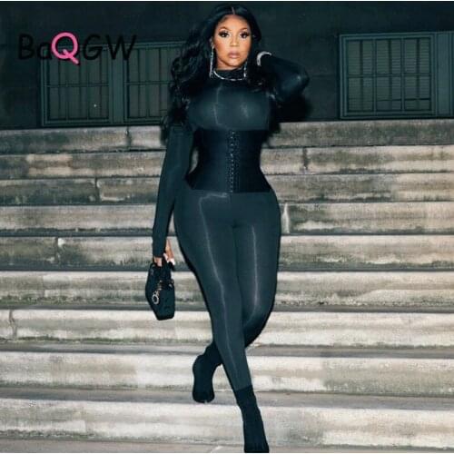BaQGW Autumn Bodycon Stretch Womens 2piece Outfits Fashion Jumpsuits&bandage Corset Matching Set 2020 Fitness Workout Wear New