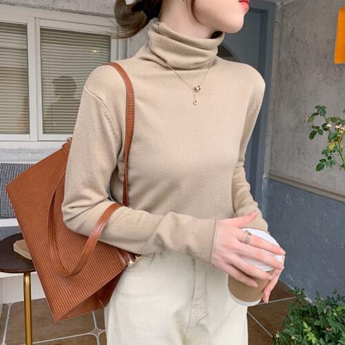 Womens Turtleneck Sweater Fall Winter Solid Long Sleeve Slim Thin Knitted Pullover Sweater Soft Elastic Bottoming Jumper Female