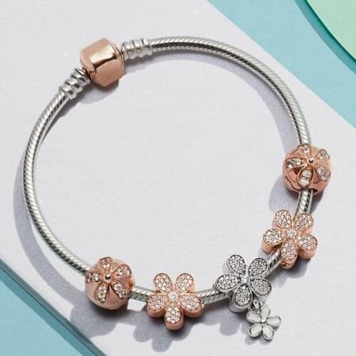 2019 NEW 100% 925 Sterling Silver 1:1 Dazzling Daisy Rose Gold Beaded Elegant Flower Bracelet Gift Fashion Set Free Shipping