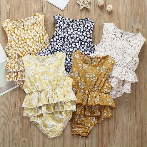 2020 Summer Girls Romper Floral Sleeveless Bodysuit Newborn Baby Onesies Toddler Girl Pleated PP Triangle Sweet Playsuit