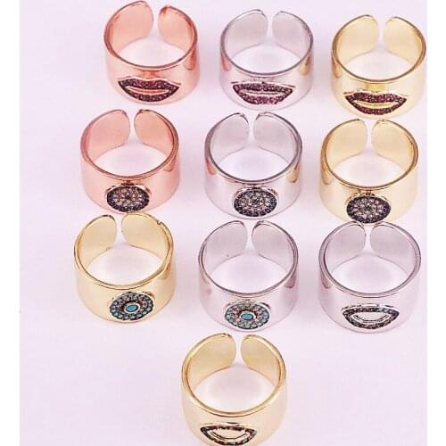 8Pcs 2019 Fashion Jewelry Adjustable Rings, Mix Color CZ Zircon Micro Pave Lips and Eyes Rings