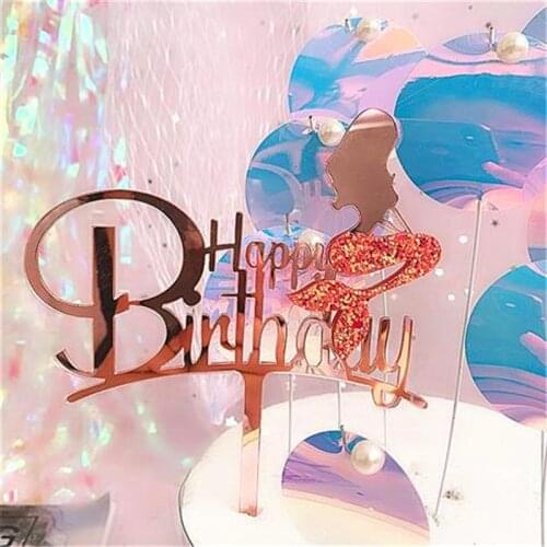 Mermaid Happy Birthday Acrylic Cake Topper Gold Acrylic Cupcake Topper For Wedding Birthday Party Cake Decorations cake decorati