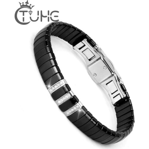 New Fashion Black Charm Bracelet Ceramic Stainless Steel Crystal Link Bracelets For Women Silver Color Fashion Jewelry Gifts