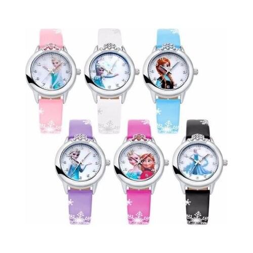 Disney Princess Elsa Watch Girls Elsa Kids Watches Leather Strap Cute Childrens Cartoon Wristwatches Gifts for Kids