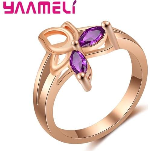Hot CZ Rings for Women Female 925 Sterling Silver Purple Cubic Zircon Rose Gold Color Statement Party Charm Jewelry Gifts New