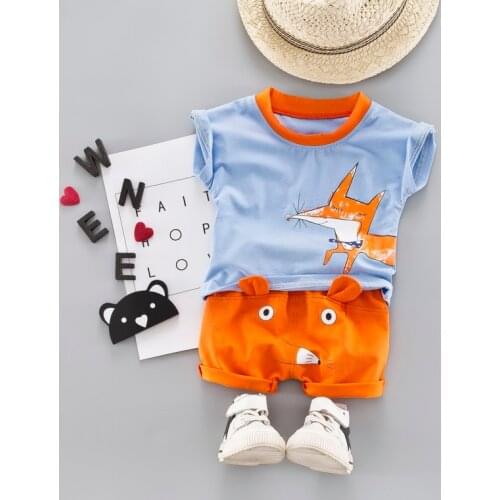 Cute Baby Boys Girls Clothes Set Clothing Fox Pattern Shirt + Cartoon Shorts Infant Kids 2 Pieces Outfits Yellow Orange