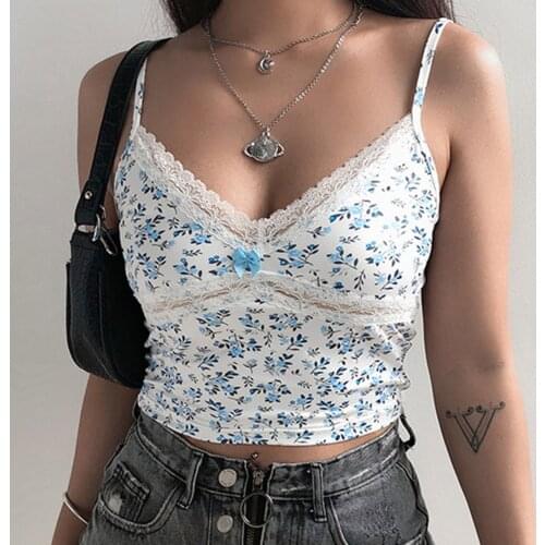 Y2K Camis Womens Lace V-Neck Tank Tops Ladies Sleeveless Summer Cami Vest T Shirt Blouse Sweet Printing Blackless Tank Top