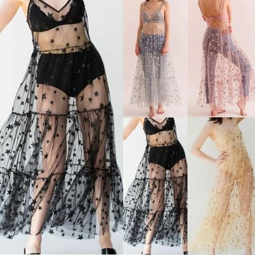 New Sweet Women Girl Mesh Sheer Sling Dress Lady See-through Bikini Cover Up Sleeveless Sequins Star Print Strap Long Dresses