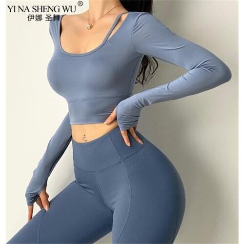 New Women Long Sleeve Running Shirts Sexy Exposed Navel Yoga T-shirts Solid Sports Shirts Quick Dry Fitness Gym Tops Sport Wear