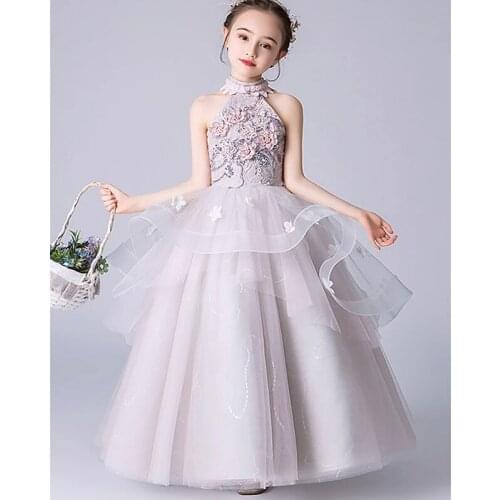 Princess Floor Length Flower Girl Dresses Wedding Tulle Sleeveless Halter Neck with Beading