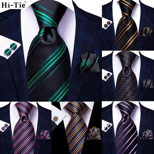 Hi-Tie Black Gold Green Striped Paisley Silk Wedding Nicktie For Men Hanky Cufflink Gift Men Tie Set Business Party Dropshipping