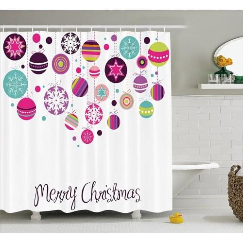 Christmas Shower Curtain Colorful Graphic Baubles with Retro Snowflake Ornaments Celebration Hand Writing Bath Curtains
