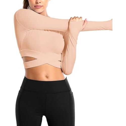 Sfit Sexy Womens Yoga T-shirts Long Sleeve Running Tees Quick Dry Fitness Gym Tracksuit Cross Strap Crop Tops Sports Shirts
