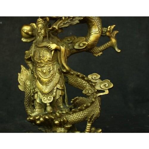 10" Chinese Bronze Brass Guan Gong Guan Yu Warrior Stand Dragon Bead Sculpture