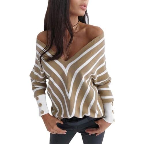 V-neck Versatile Sweater Loose Long-sleeved Shirt Top Autumn and winter new strapless striped V-neck versatile sweater loose