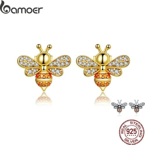 BAMOER Baby Bee Stud Earrings for Women Fashion Crystal Ear Studs 925 Sterling Silver Jewelry for Girl Anti-allergy SCE344