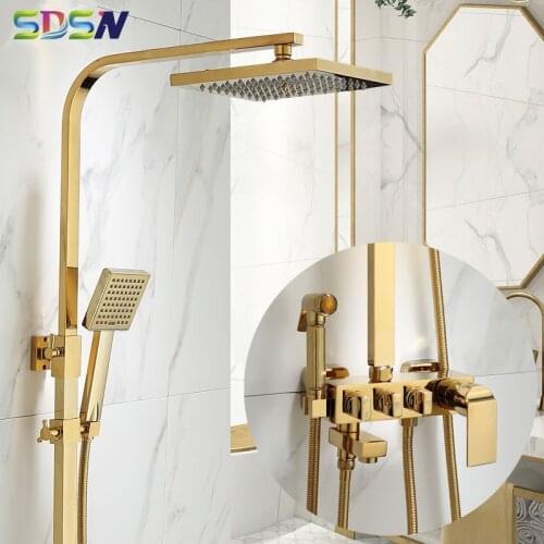 Gold Bathroom Shower Set SDSN Quality Brass Bathroom Shower Faucet Square Rainfall Shower Head Luxury Gold Bath Shower System