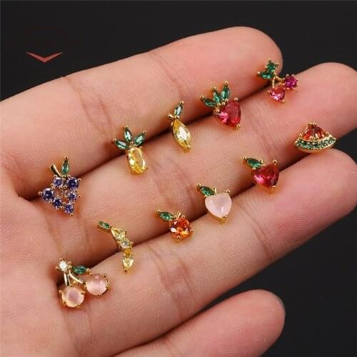 CANNER Colorful CZ Fruit Cartilage Fruit Stud Earrings for Women Grape Banana Pineapple Earring Piercing Earring Ear Jewelry