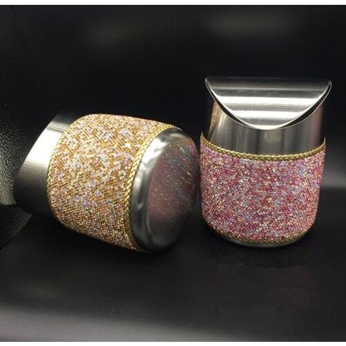 Car Stainless Steel Mini Car Waste Bins Bling Bling White Pink Crystal Home Office Storage Box Women Girls Ashtray Great Gift