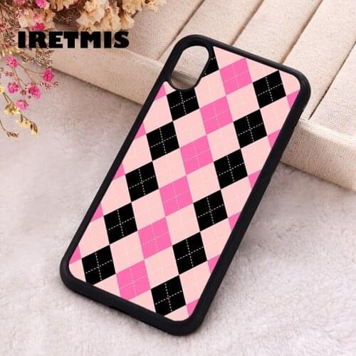 Iretmis 5 5S SE 2020 Phone Cover Case for iPhone 6 6S 7 8 Plus X Xs XR 11 12 Mini Pro Max Rubber Silicone Black Pink Argyle