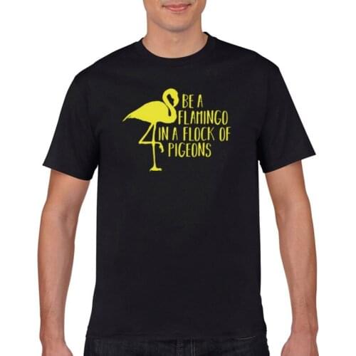 2021The new humorous mens print is flamingo in a group of pigeons, pure cotton T-shirt funny short sleeve funny design fashion