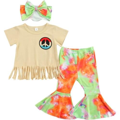 New 3 Pieces Kids Suit Set, Geometric Pattern O-Neck Short Sleeve Tops+ Tie-Dyed Trousers+ Hairband for Girls, 1-6 Years