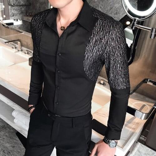 Chemises Hommes Silver Shiny Patchwork Shirt 2021 New Fashion Mens Nightclub Party Work Shirt Formal Slim Social Mens Shirt
