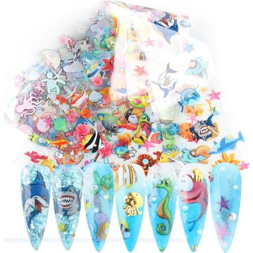 10 Pcs Ocean Animals Holographic Nail Foil Set Tropical Fish Shark Cute Designs Nail Art Transfer Sticker Decals Wraps CHSW7015
